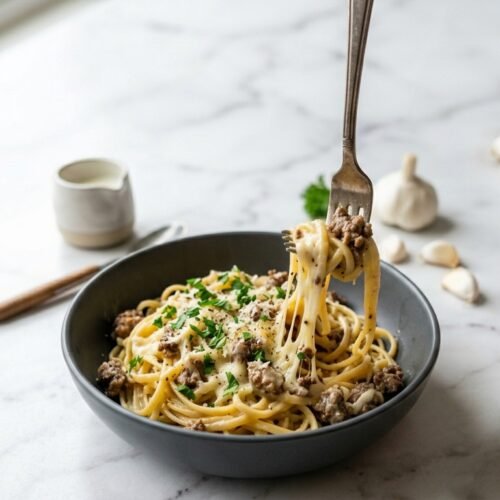 Cheesy Garlic Butter Linguini with Ground Beef