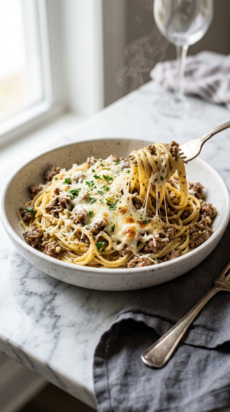 Cheesy Garlic Butter Linguini with Ground Beef
