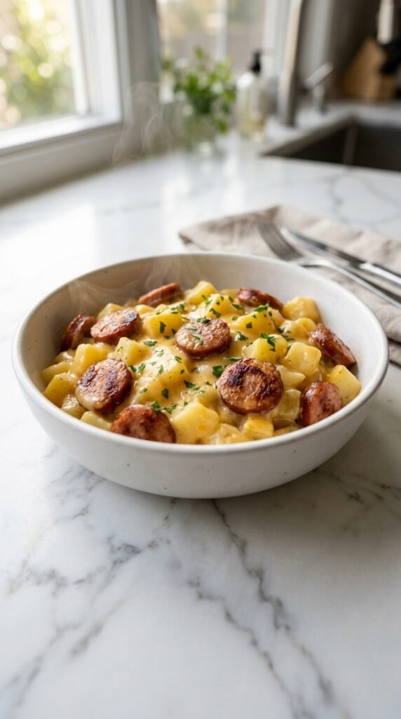 Crockpot Cheesy Potatoes and Kielbasa Recipe