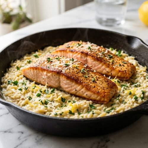 One Skillet Salmon with Lemon Orzo Recipe