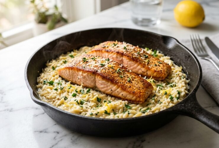 One Skillet Salmon with Lemon Orzo Recipe