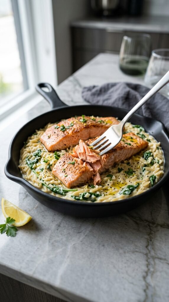 One Skillet Salmon with Lemon Orzo Recipe